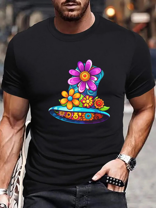 Men's Graphic T-Shirt Colorful Flowers Blooming On Vibrant Whimsical Top Hat Design