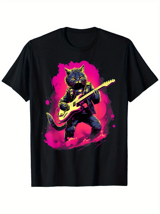 Men's Graphic T-Shirt Electric Pink Glow Surrounding Cool Wolf With Guitar