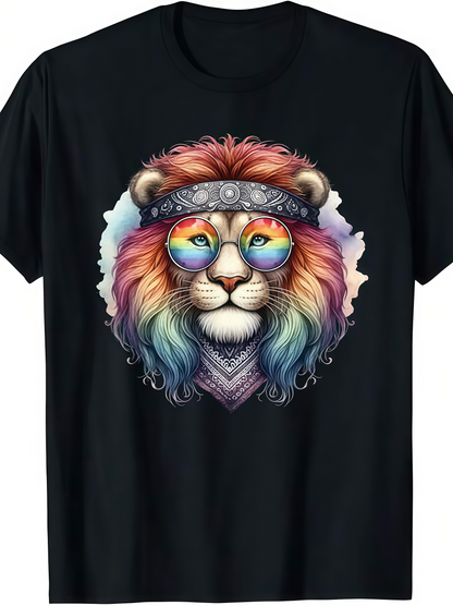 Men's Graphic T-Shirt Psychedelic Flowing Rainbow Colors With Retro Glasses Peaceful Lion