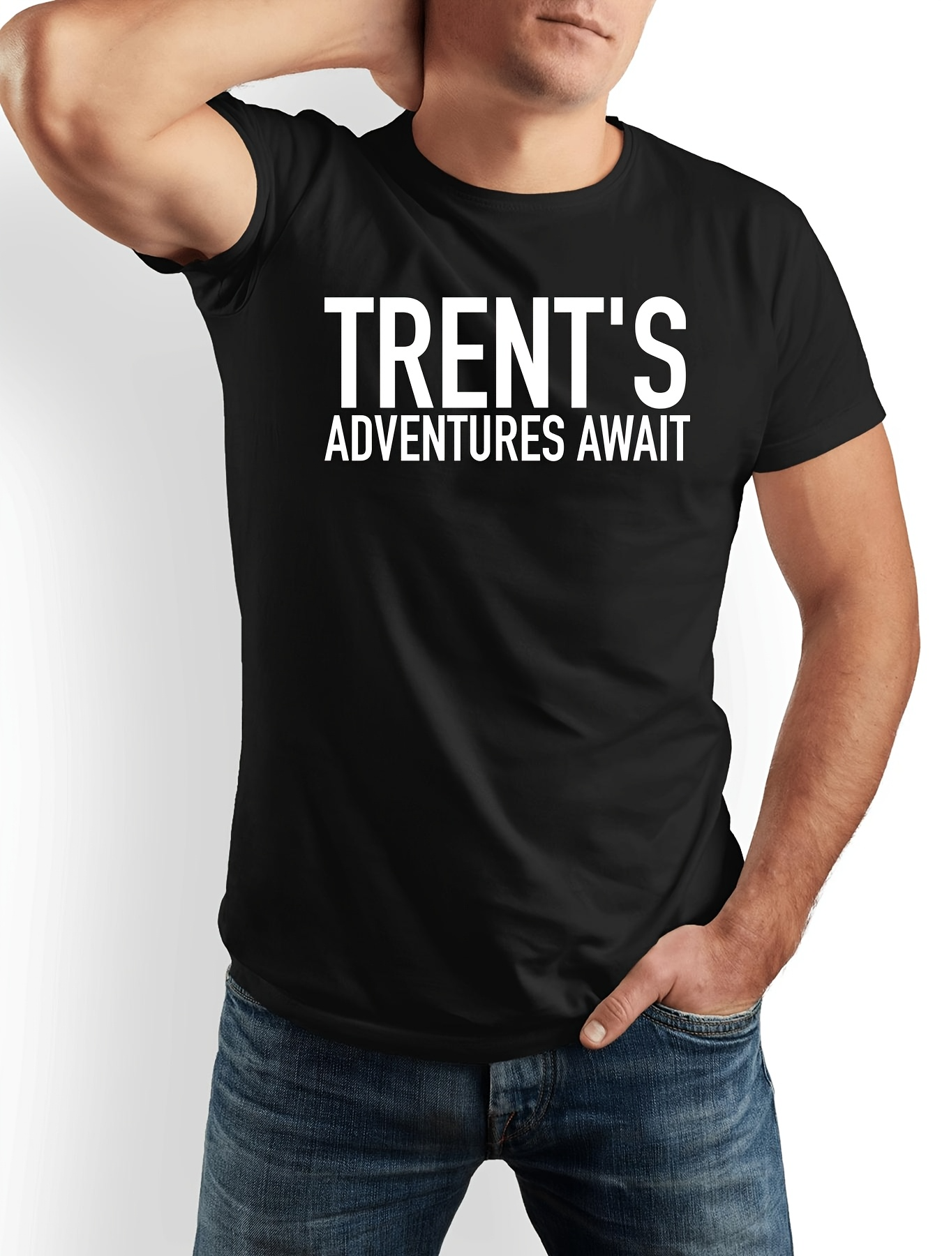 Men's Graphic T-Shirt Trents Adventures Await Bold White Letters On Simple Black Shirt