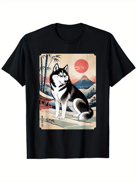 Men's Graphic T-Shirt Serene Mountain Landscape With Rising Sun Behind Majestic Husky Dog