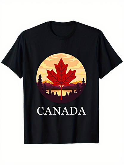 Men's Graphic T-Shirt Canada Red Maple Leaf At Sunset With Forest Scenery