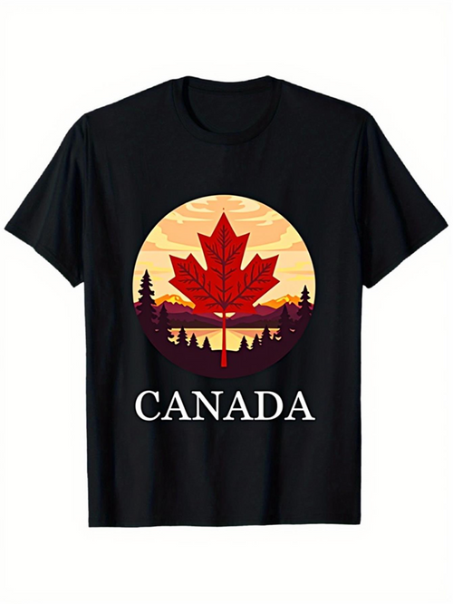 Men's Graphic T-Shirt Canada Red Maple Leaf At Sunset With Forest Scenery