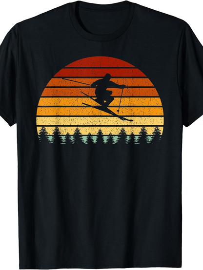 Men's Graphic T-Shirt Vintage Sunset Among Pine Trees With Airborne Skier Silhouette