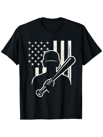 Men's Graphic T-Shirt Silhouette Baseball Player With Rustic American Flag Background
