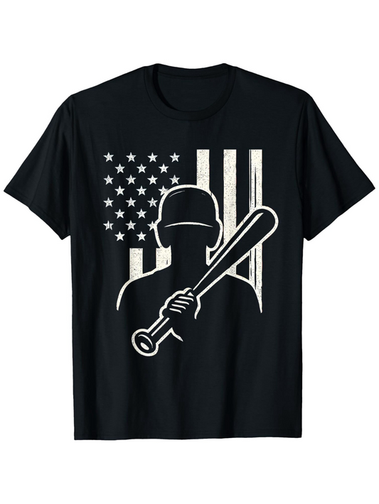 Men's Graphic T-Shirt Silhouette Baseball Player With Rustic American Flag Background