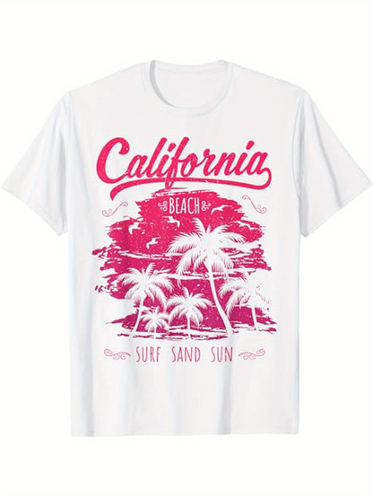 Men's Graphic T-Shirt California Surf Sand Sun With Palms And Ocean Beach Scenery