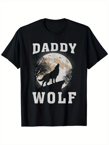 Men's Graphic T-Shirt Daddy Wolf Howling At Full Moon With Tree Silhouettes Under Night Sky Wolf