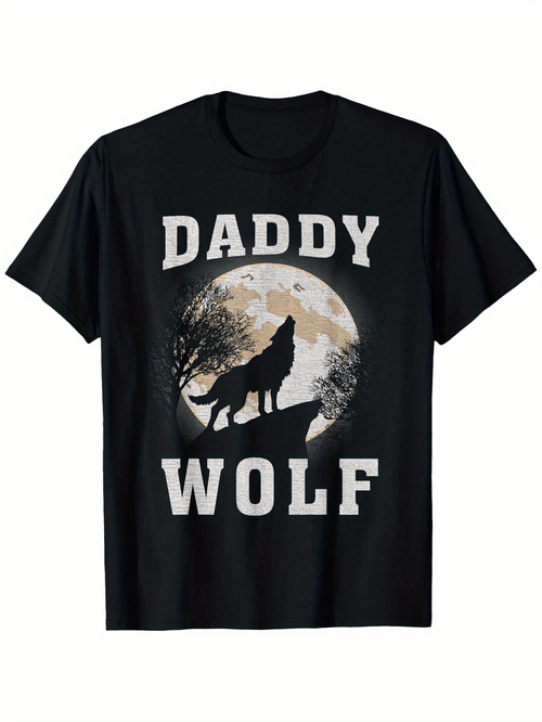 Men's Graphic T-Shirt Daddy Wolf Howling At Full Moon With Tree Silhouettes Under Night Sky Wolf