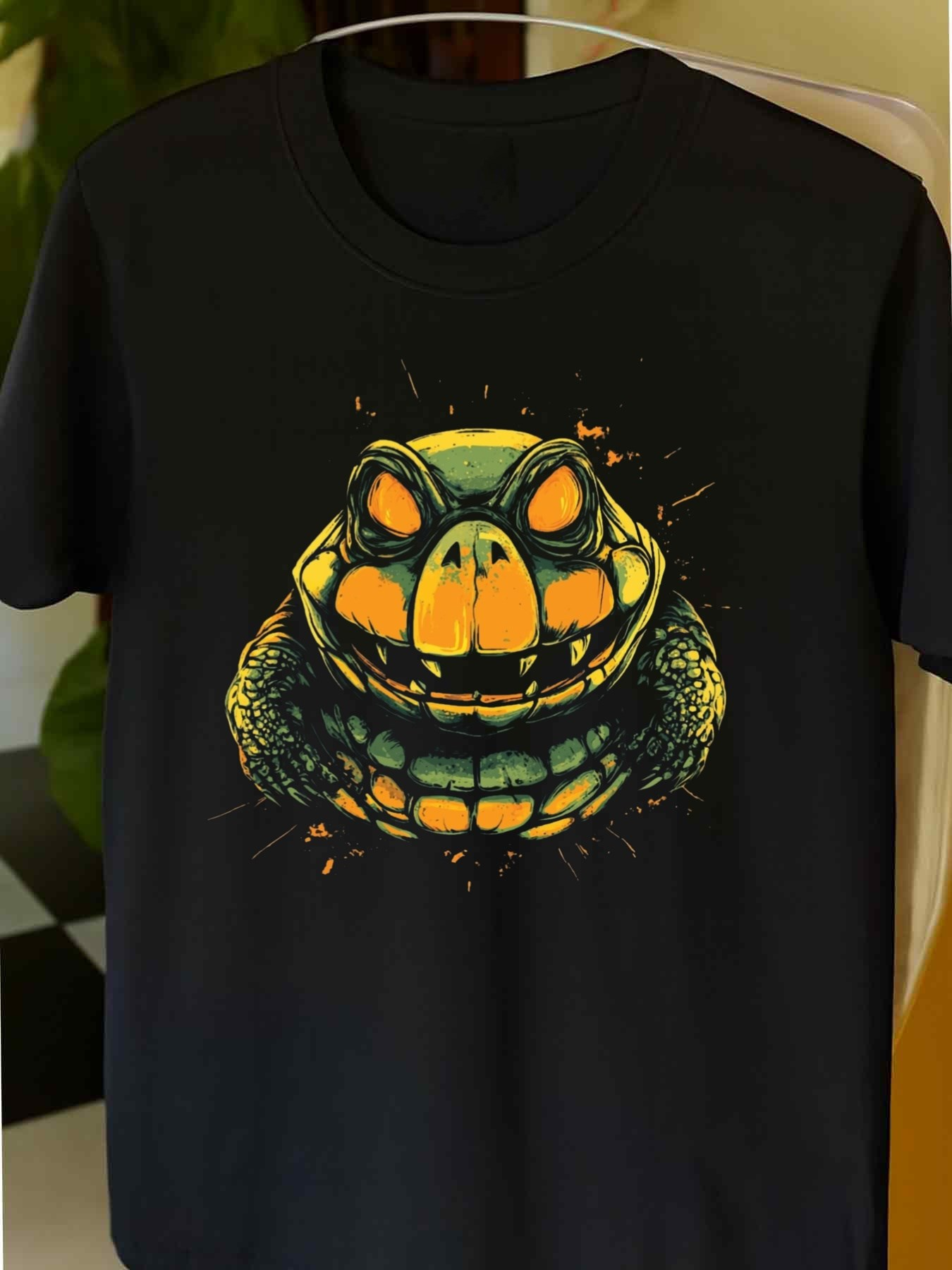 Men's Graphic T-Shirt Vivid Neon Colors Splattered On Dark Enigmatic Smiling Face Turtle