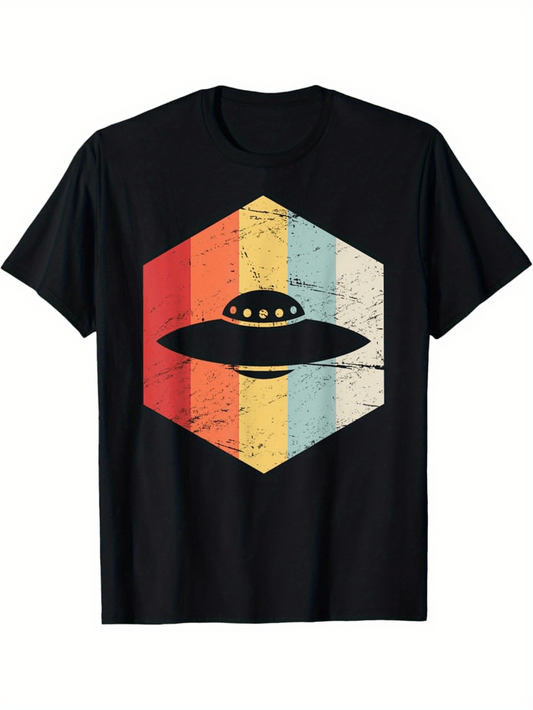 Men's Graphic T-Shirt Vintage Striped Retro Colors With Flying Saucer Ufo