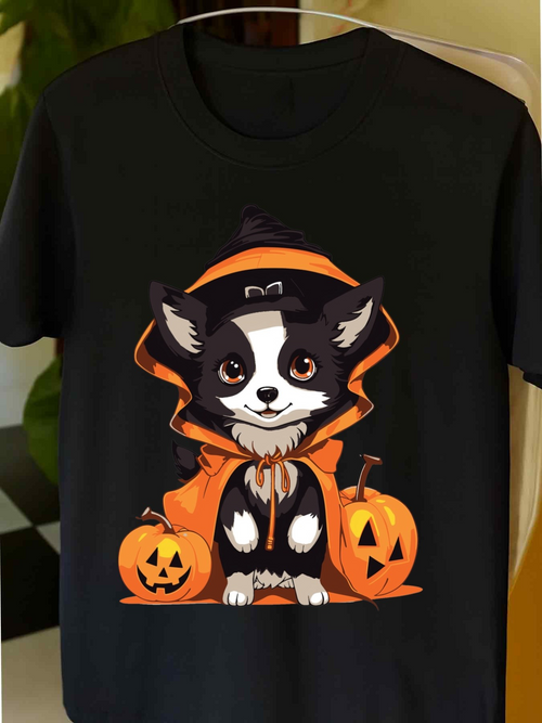 Men's Graphic T-Shirt Cute Dog In Halloween Costume Surrounded By Orange Pumpkin Lanterns Dog