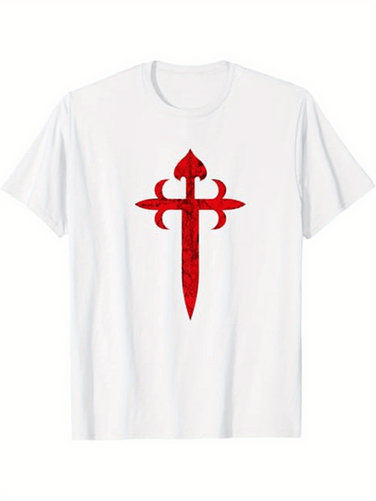Men's Graphic T-Shirt Bold Crimson Symbolic Blade With Ornate Details Centered On White T Shirt