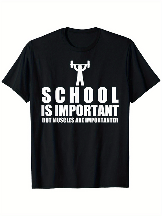 Men's Graphic T-Shirt School Is Important Bold Slogan With Barbell Figure Motivational Gym T Shirt