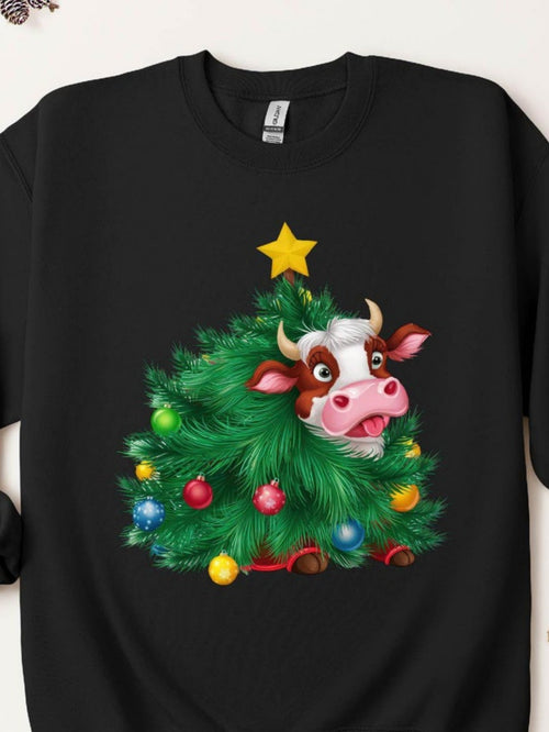 Women's Graphic T-Shirt Festive Pine Tree With Colorful Ornaments And Playful Cartoon Cow