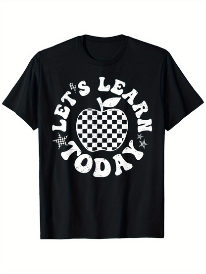 Men's Graphic T-Shirt Lets Learn Today Checkered Apple Surrounded By Playful Stars Graphic Apple