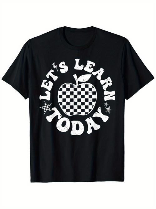 Men's Graphic T-Shirt Lets Learn Today Checkered Apple Surrounded By Playful Stars Graphic Apple