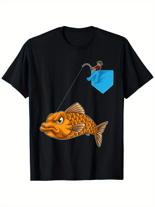 Men's Graphic T-Shirt Hooked Goldfish Hanging From Blue Pocket With Cartoon Fisherman