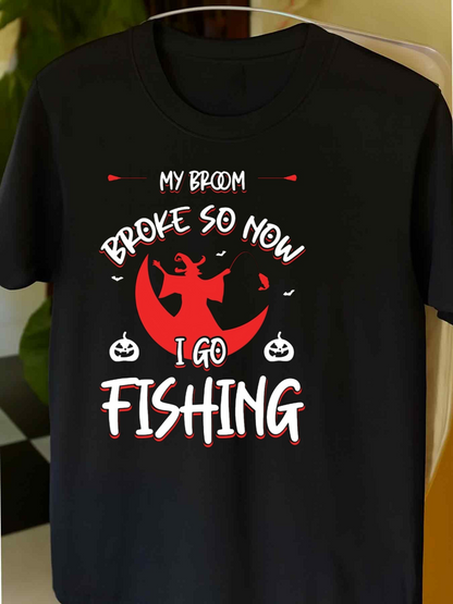 Men's Graphic T-Shirt My Broom Broke So Now I Go Fishing Halloween Moon Witch
