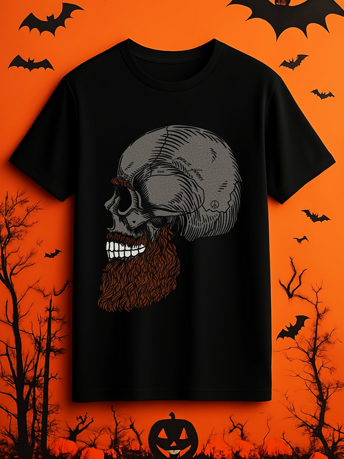 Men's Graphic T-Shirt Spooky Autumn Night With Skull And Flowing Brown Beard