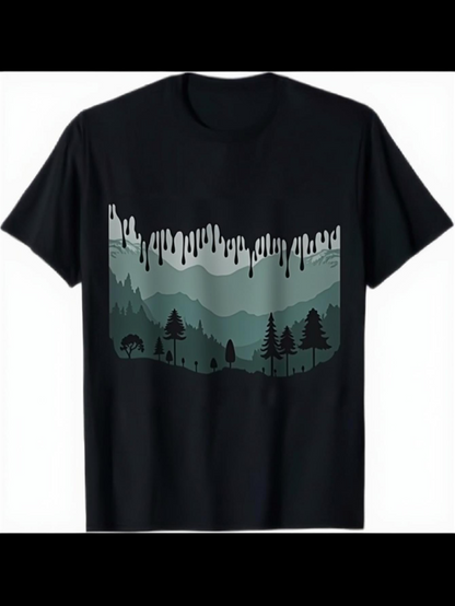 Men's Graphic T-Shirt Mountain Landscape With Dripping Snow Among Pine Trees Forest