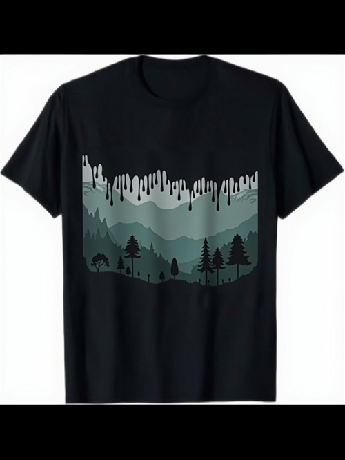 Men's Graphic T-Shirt Mountain Landscape With Dripping Snow Among Pine Trees Forest
