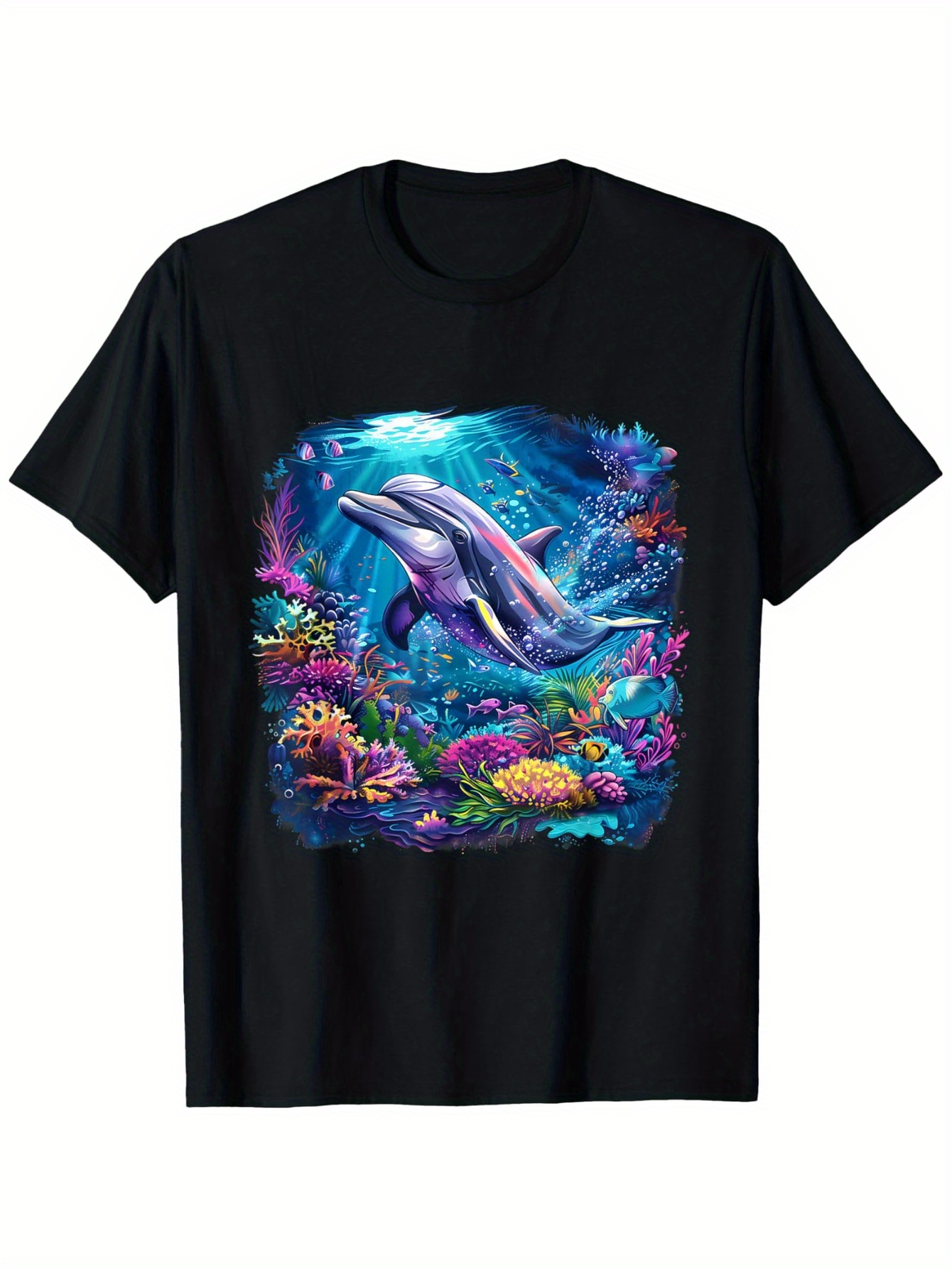 Men's Graphic T-Shirt Vibrant Reef Coral And Sunlit Water Surrounding A Graceful Dolphin