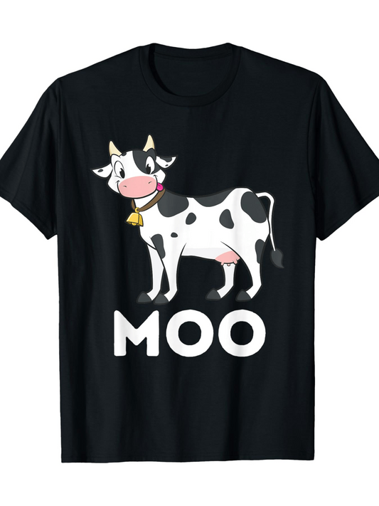 Men's Graphic T-Shirt Moo Cartoon Spotted Cow Standing On Green Pasture Grass