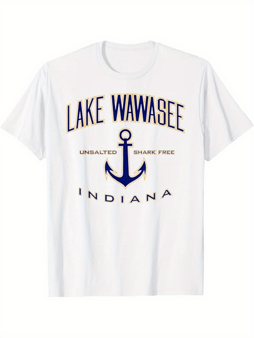 Men's Graphic T-Shirt Lake Wawasee Indiana Anchor Design With Slogan Under Nautical Symbol