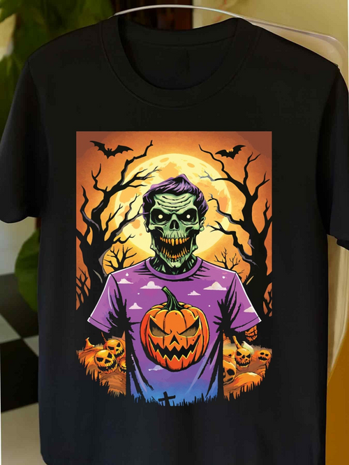 Men's Graphic T-Shirt Haunted Forest With Bats Glowing Sunset Surrounding Creepy Zombie Holding Pumpkin