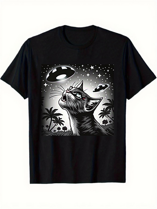 Men's Graphic T-Shirt Starry Sky With UFOs And Curious Cat Under Palm Trees Cat