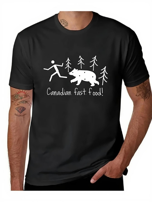 Men's Graphic T-Shirt Canadian Fast Food Stick Figure Running Among Spruce Trees Chasing Bear Scene