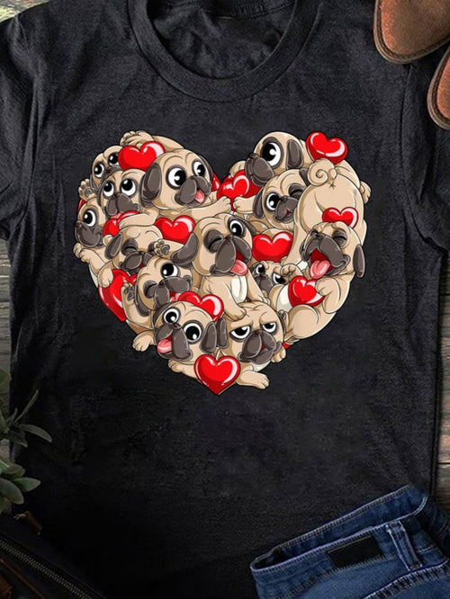 Men's Graphic T-Shirt Playful Pugs Forming A Heart With Red Cartoon Hearts