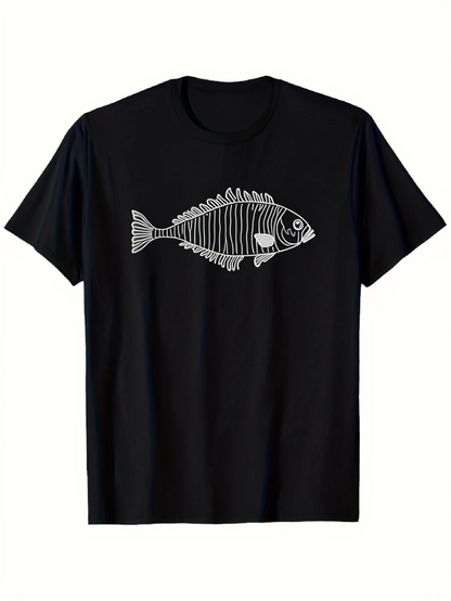 Men's Graphic T-Shirt Outlined Graphic With Simple Striped Lines Depicting Fish Skeleton