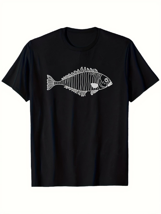 Men's Graphic T-Shirt Outlined Graphic With Simple Striped Lines Depicting Fish Skeleton