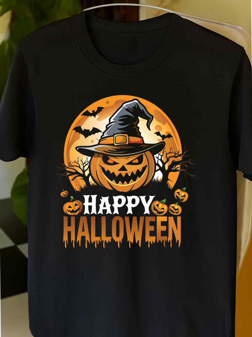 Men's Graphic T-Shirt Happy Halloween Spooky Pumpkin With Witch Hat Surrounded By Flying Bats