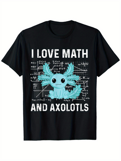 Men's Graphic T-Shirt I Love Math With Formulas And Blue Smiling Cartoon Axolotl