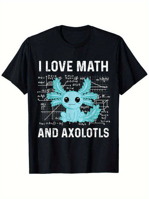 Men's Graphic T-Shirt I Love Math With Formulas And Blue Smiling Cartoon Axolotl