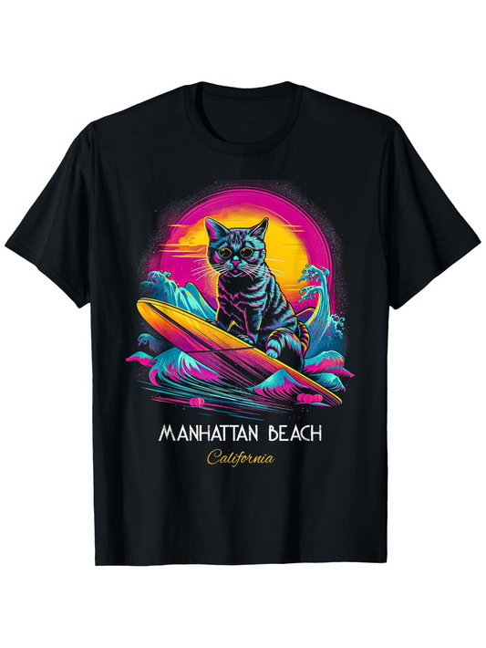 Men's Graphic T-Shirt Manhattan Beach California Retro Sunset With Surfing Cat And Vibrant Ocean Waves