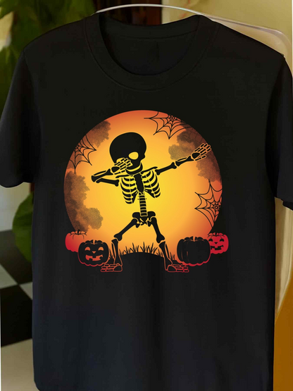 Men's Graphic T-Shirt Spooky Dancing Skeleton With Pumpkins Moon And Spiderwebs Halloween Scene