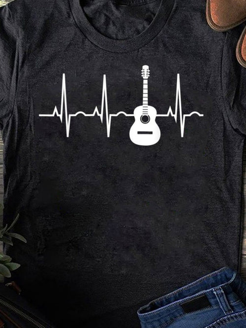 Men's Graphic T-Shirt Heartbeat Line Flowing With Artistic Guitar Silhouette Centerpiece Design