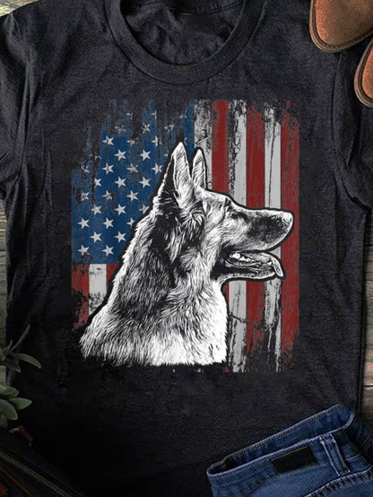 Men's Graphic T-Shirt Hand Drawn German Shepherd Among Faded Grunge American Flag