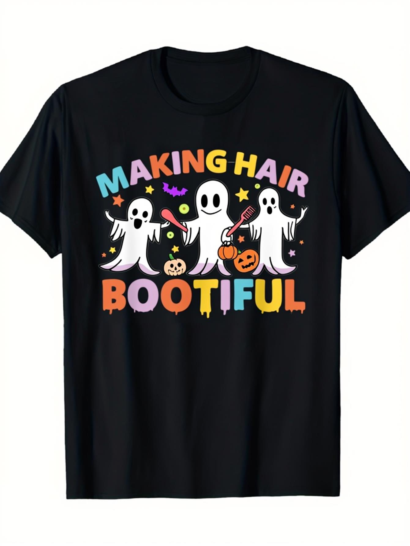 Men's Graphic T-Shirt Making Hair Bootiful Colorful Halloween Ghosts With Floating Candies And Pumpkins Ghost