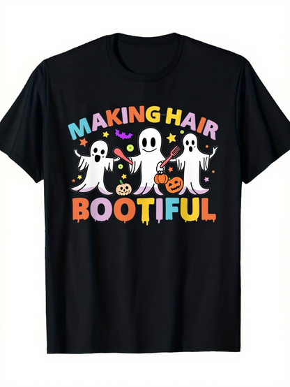 Men's Graphic T-Shirt Making Hair Bootiful Colorful Halloween Ghosts With Floating Candies And Pumpkins Ghost