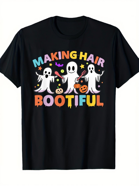 Men's Graphic T-Shirt Making Hair Bootiful Colorful Halloween Ghosts With Floating Candies And Pumpkins Ghost