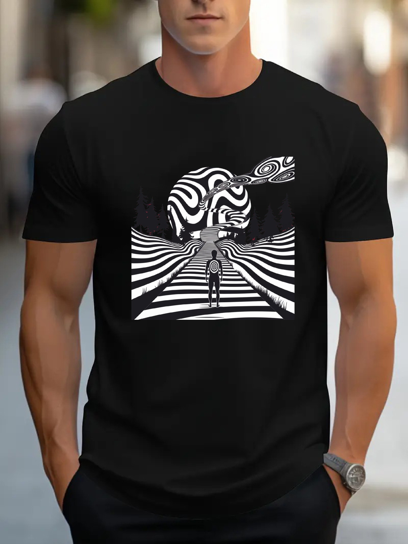 Men's Graphic T-Shirt Surreal Pathway Leading To Abstract Striped Elephant