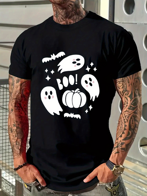 Men's Graphic T-Shirt Boo Surrounded By Flying Ghosts And Pumpkins With Playful Halloween Spirit