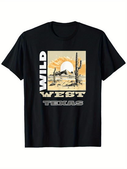 Men's Graphic T-Shirt Wild West Texas Desert With Cactus And Setting Sun Landscape