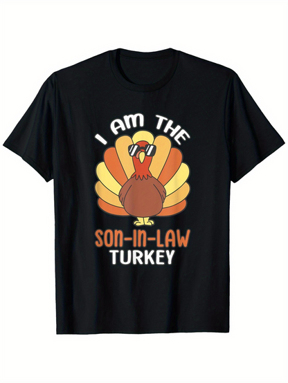 Men's Graphic T-Shirt I Am The Son In Law With Colorful Feathers Thanksgiving Cartoon Turkey