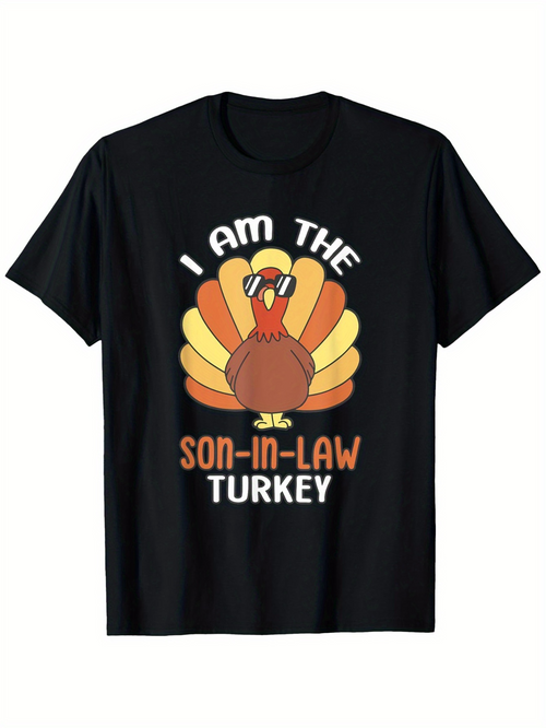 Men's Graphic T-Shirt I Am The Son In Law With Colorful Feathers Thanksgiving Cartoon Turkey